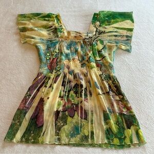 1214 ONE WORLD Gold and Blue Flutter Sleeve Blouse